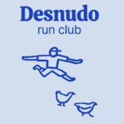 A simple blue line drawing of a person running and leaping over two chickens, with "Desnudo run club" above in bold and regular font on a light blue background—perfect for fans of free group runs or Austin running groups. Austin Marathon Half Marathon & 5K